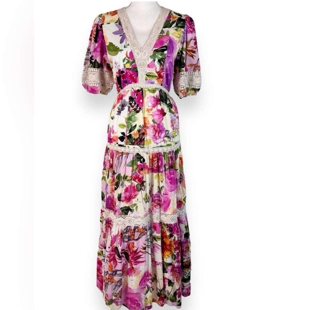 Joie Floral Maxi Dress with Lace Trim size M